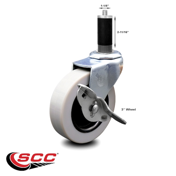 3 Inch Thermoplastic Rubber Wheel 1-1/8 Inch Expanding Stem Caster with Brake